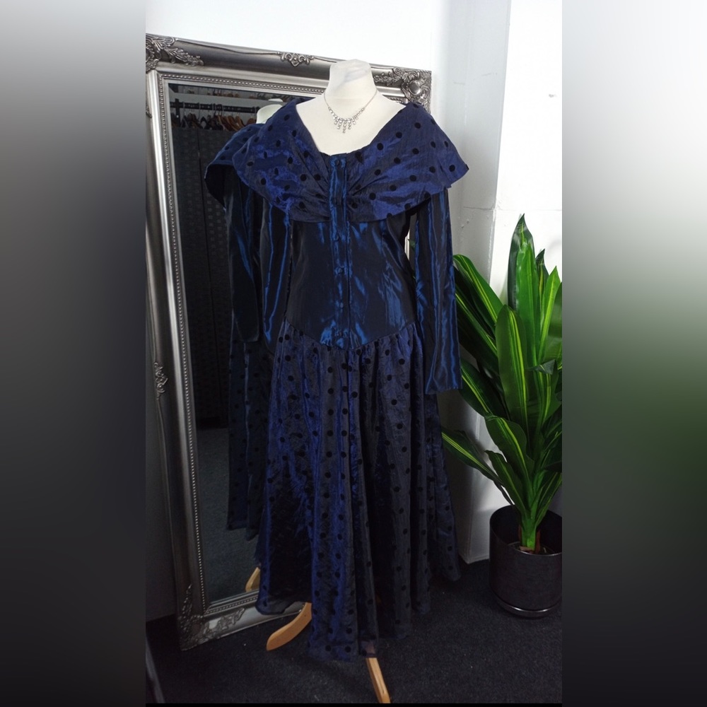 Blue Taffeta Polka Dot 1980s Prom Dress Ball Gown Off the Shoulder tea length